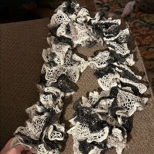 Elegant Black and White Ruffled Scarf Handmade